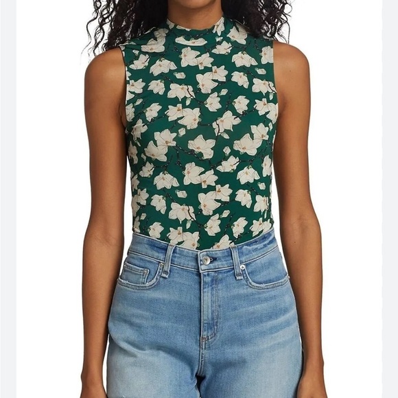 Rag and Bone Sabeen Floral Mockneck Sleeveless Top Green Stretch Slim Fit Sz XS - Picture 1 of 15